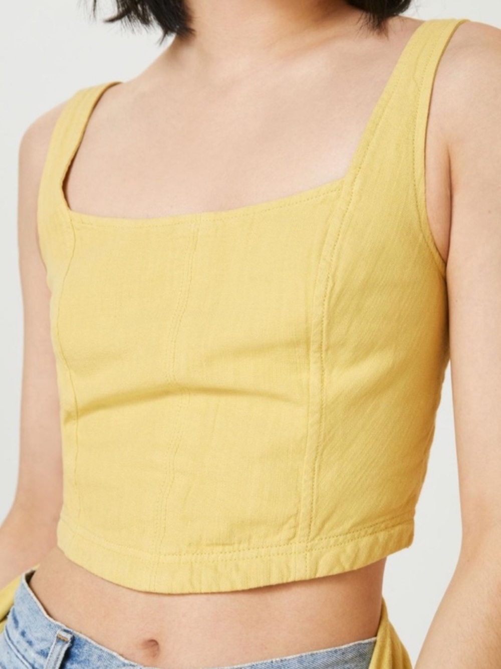 Pilcro Bustier Top Linen Blend Smocked Back Chartreuse Yellow, Women's XS
